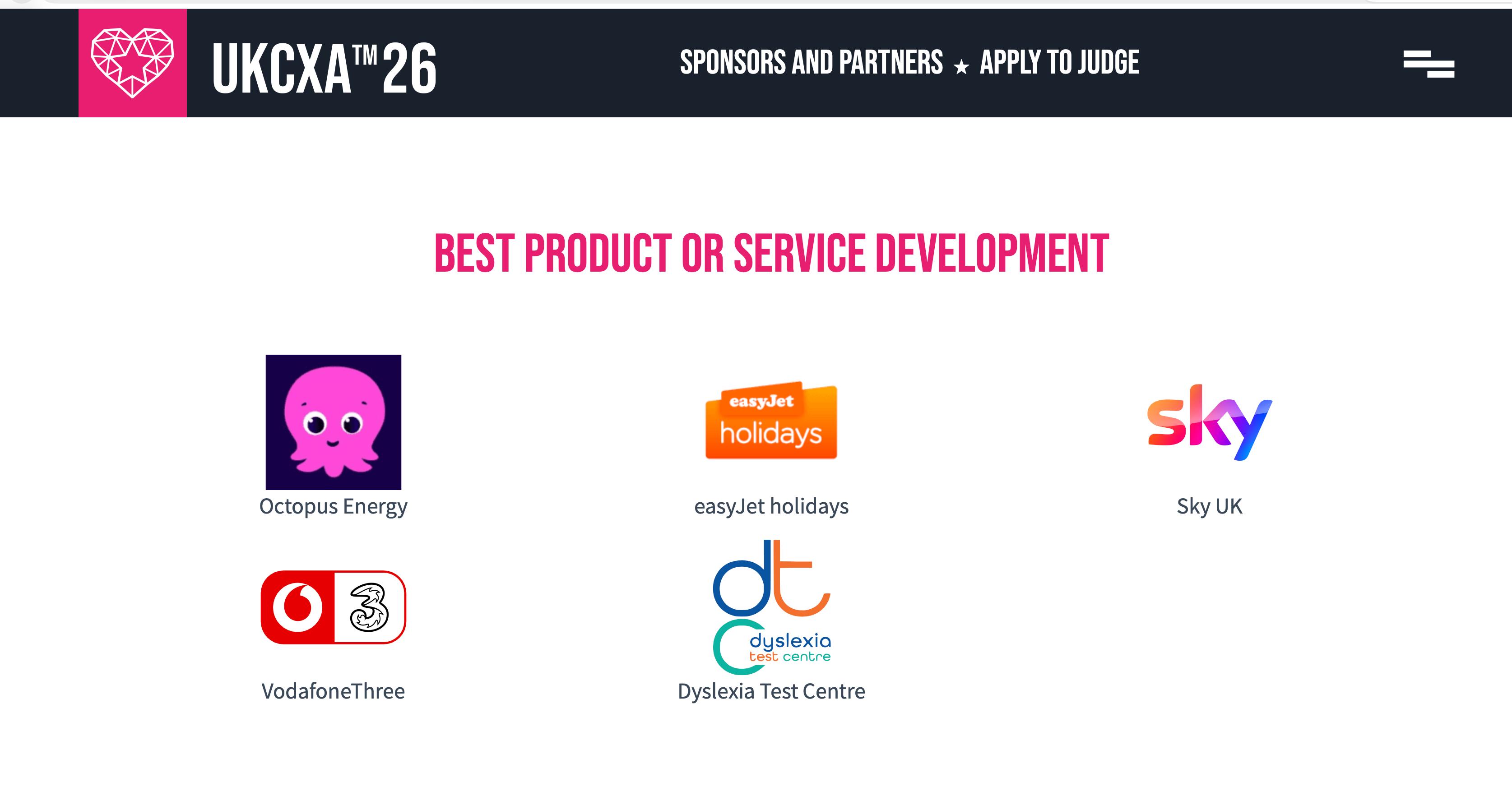 UKCXA 2026 Best Product or Service Development finalists, including Dyslexia Test Centre, Octopus Energy, easyJet holidays, Sky UK and VodafoneThree