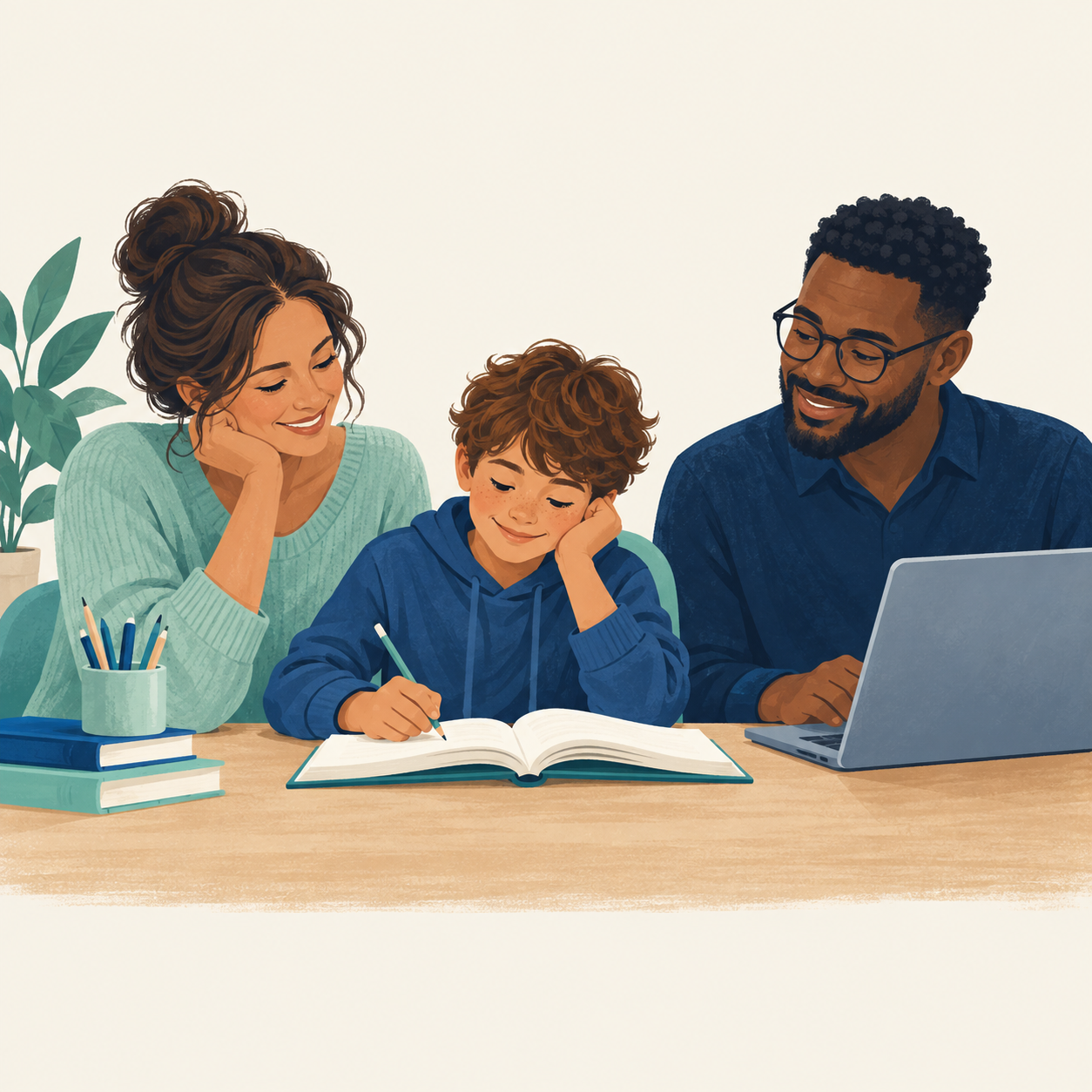 Illustration of a child learning with support from two adults.